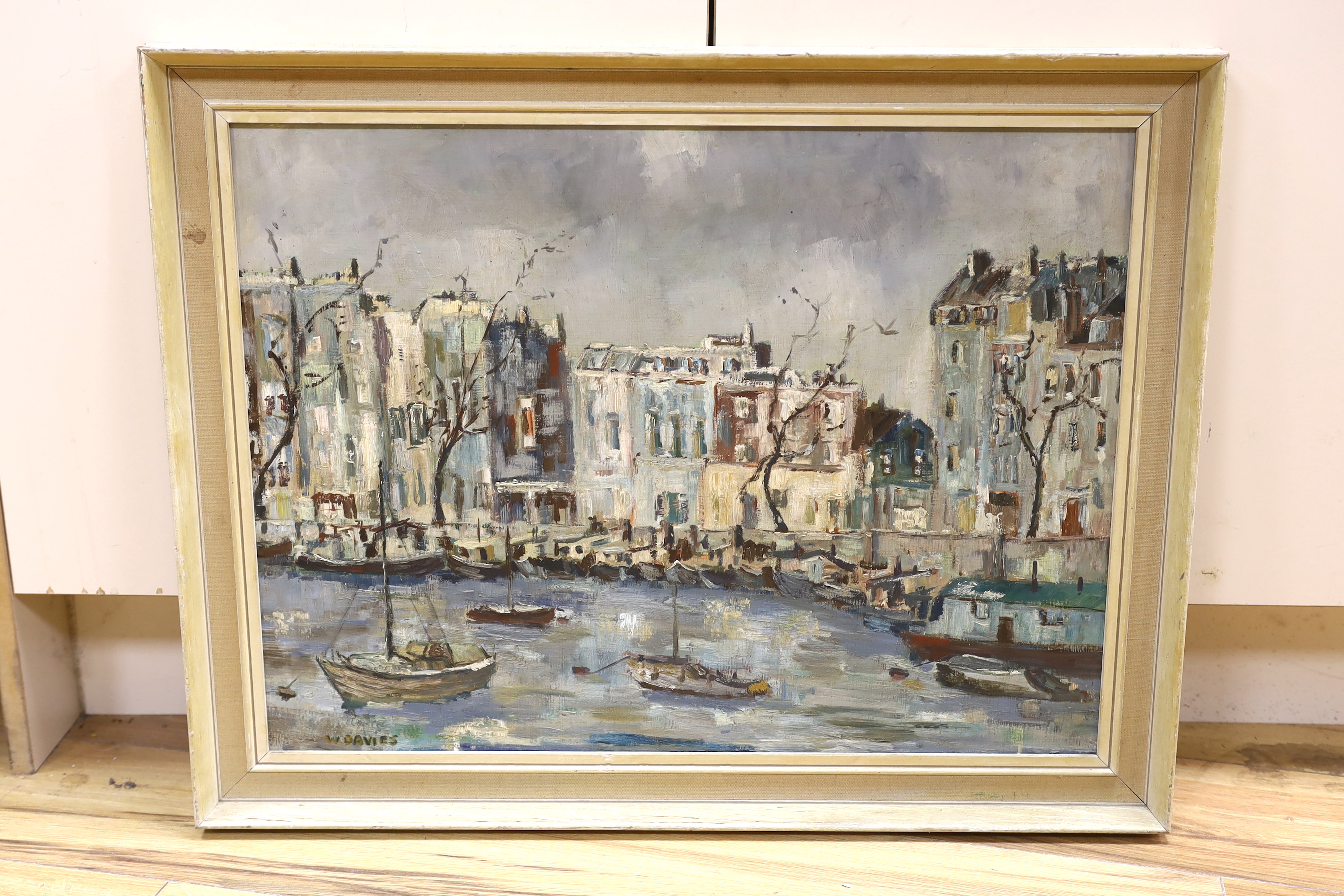 William Davies (1928-) Wapping Group, oil on board, 'Houseboats at Chelsea’, signed, 44 x 60cm
